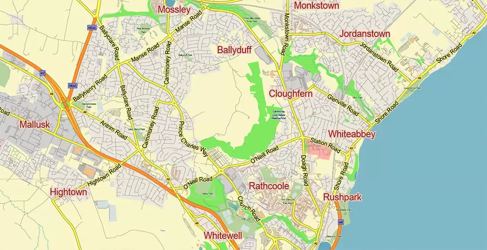 Belfast Northern Ireland UK PDF Vector Map: City Plan Low Detailed (for small print size) Street Map editable Adobe PDF in layers