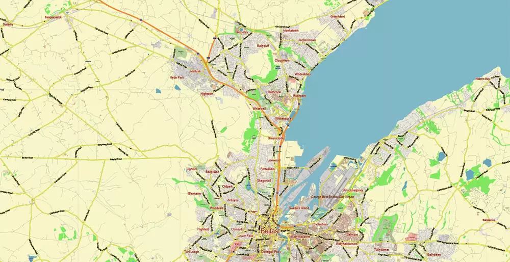 Belfast Northern Ireland UK PDF Vector Map: City Plan Low Detailed (for small print size) Street Map editable Adobe PDF in layers