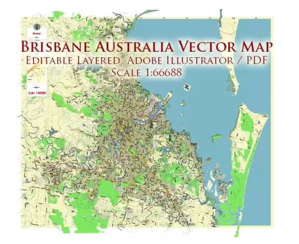 Brisbane Australia Map Vector City Plan Low Detailed (for small print size) Street Map editable Adobe Illustrator in layers