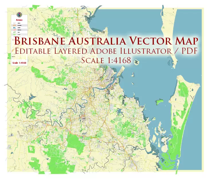 Brisbane Australia PDF Vector Map: Accurate High Detailed City Plan editable Adobe PDF Street Map in layers