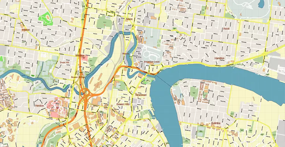 Brisbane Australia PDF Vector Map: Accurate High Detailed City Plan editable Adobe PDF Street Map in layers