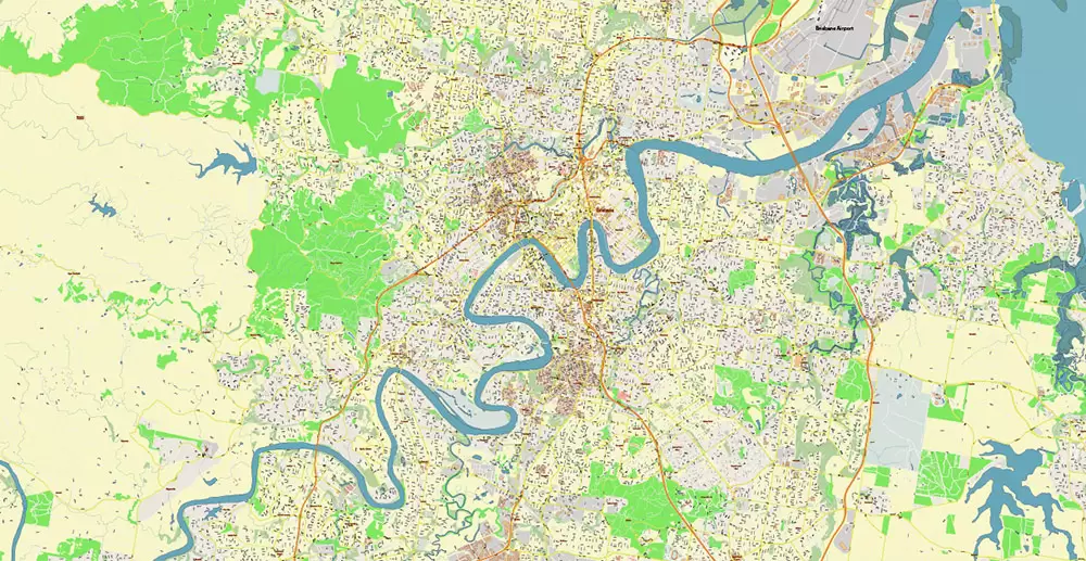 Brisbane Australia PDF Vector Map: Accurate High Detailed City Plan editable Adobe PDF Street Map in layers