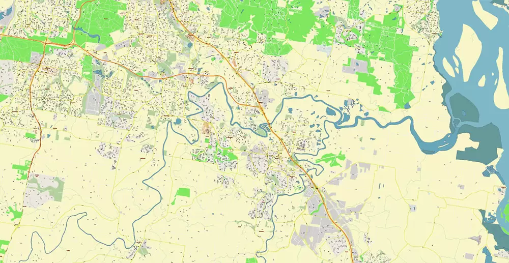 Brisbane Australia PDF Vector Map: Accurate High Detailed City Plan editable Adobe PDF Street Map in layers