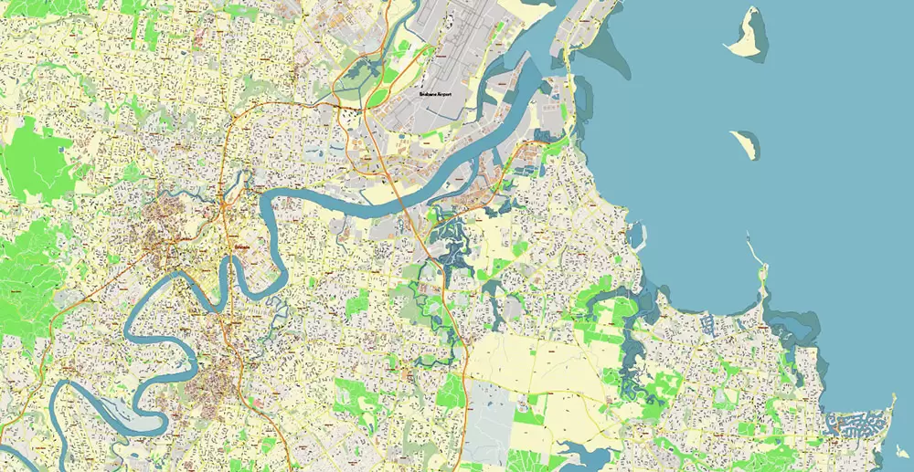 Brisbane Australia PDF Vector Map: Accurate High Detailed City Plan editable Adobe PDF Street Map in layers
