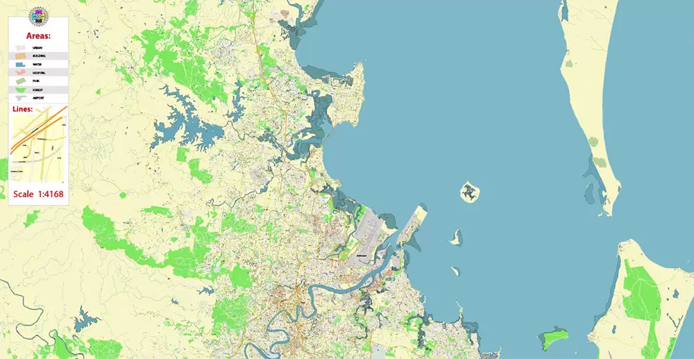Brisbane Australia PDF Vector Map: Accurate High Detailed City Plan editable Adobe PDF Street Map in layers