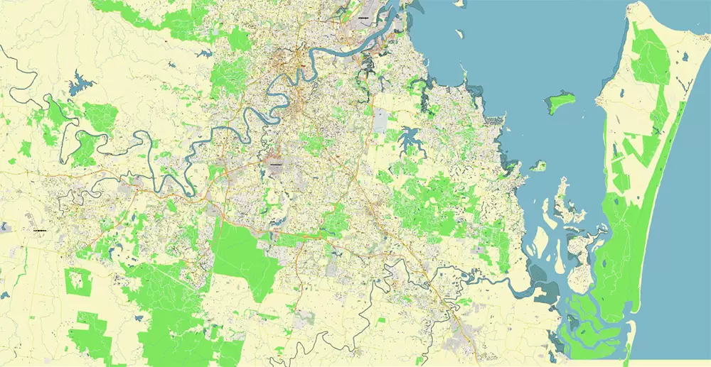 Brisbane Australia PDF Vector Map: Accurate High Detailed City Plan editable Adobe PDF Street Map in layers