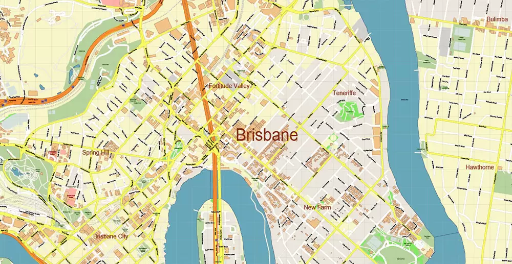 Brisbane Australia PDF Vector Map: Accurate High Detailed City Plan editable Adobe PDF Street Map in layers