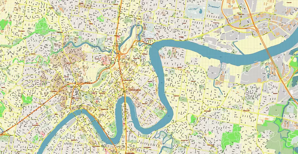 Brisbane Australia PDF Vector Map: Accurate High Detailed City Plan editable Adobe PDF Street Map in layers