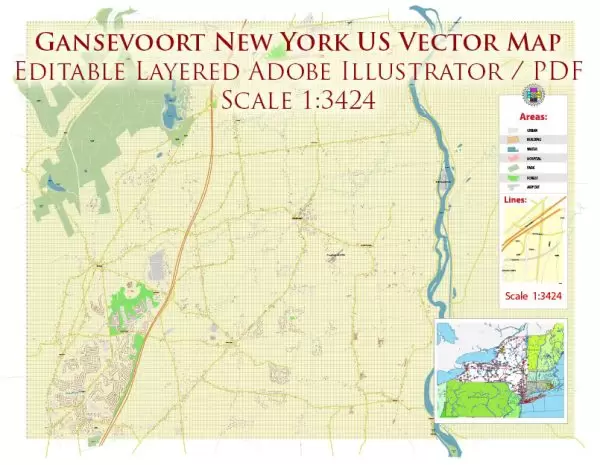 Gansevoort New York US Map Vector Accurate High Detailed City Plan editable Adobe Illustrator Street Map in layers