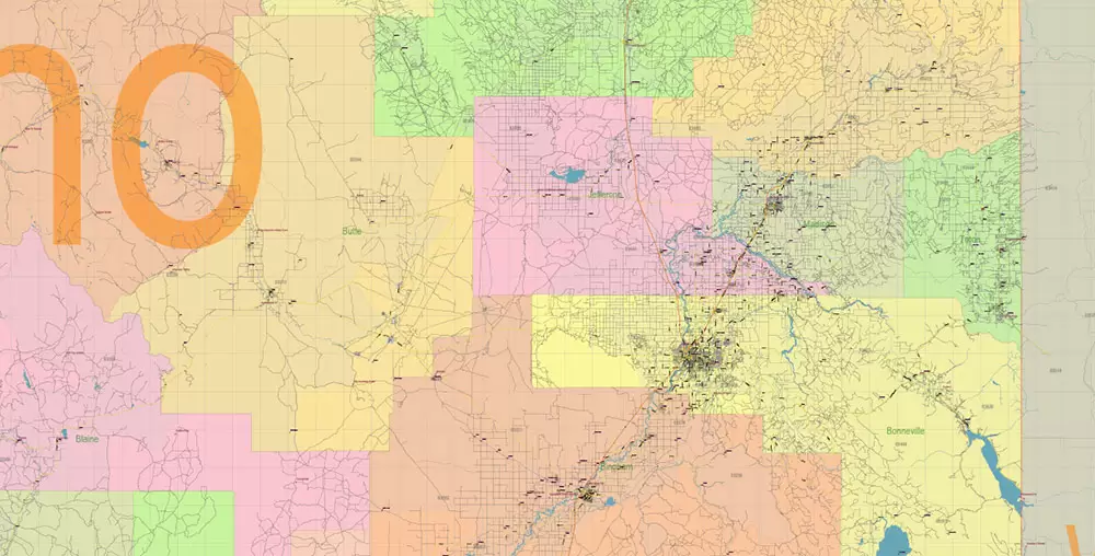 Idaho Full State US Vector Map: Full Extra High Detailed (all roads, zipcodes, airports) + Admin Areas editable Adobe Illustrator in layers