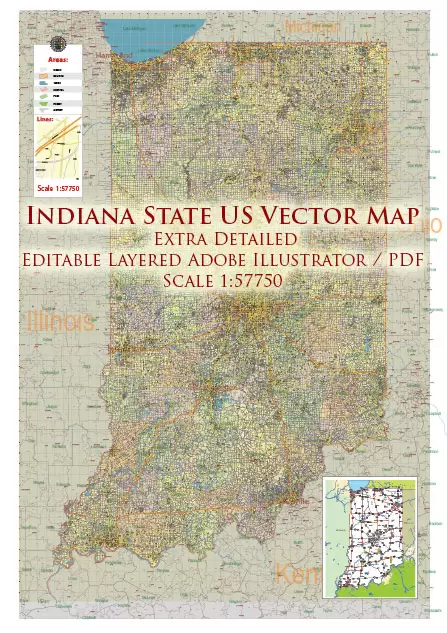 Indiana US Map Vector Exact State Plan High Detailed Road Map + Counties + Zipcodes + Airports editable Adobe Illustrator in layers