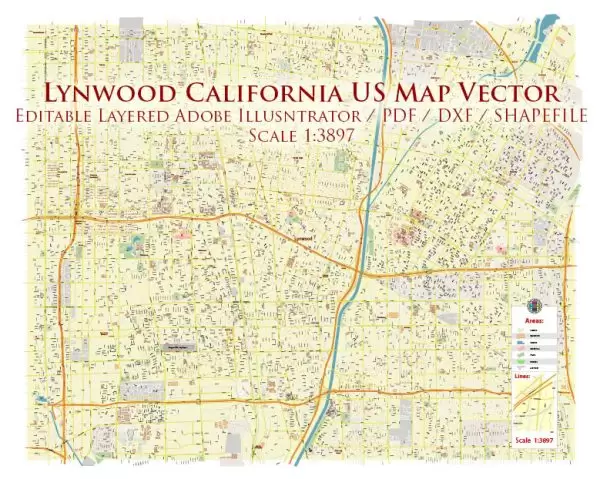 Lynwood California US DXF Map Vector Exact City Plan High Detailed Street Map AutoCAD + Shapefiles + Adobe PDF in layers