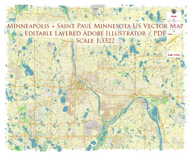 Minneapolis + Saint Paul Minnesota US PDF Vector Map: Accurate High Detailed City Plan editable Adobe PDF Street Map in layers