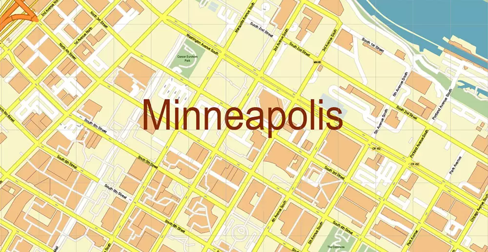 Minneapolis + Saint Paul Minnesota US PDF Vector Map: Accurate High Detailed City Plan editable Adobe PDF Street Map in layers