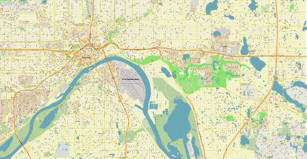 Minneapolis + Saint Paul Minnesota US PDF Vector Map: Accurate High Detailed City Plan editable Adobe PDF Street Map in layers