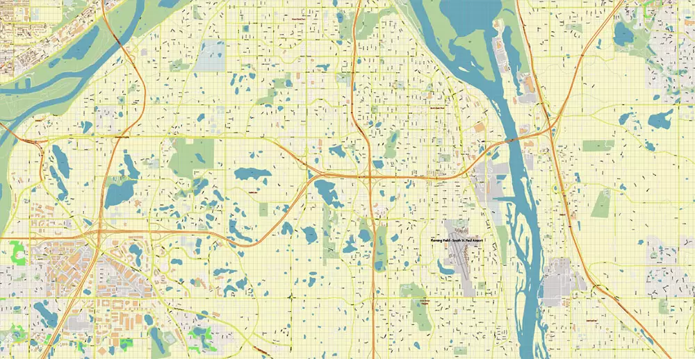 Minneapolis + Saint Paul Minnesota US PDF Vector Map: Accurate High Detailed City Plan editable Adobe PDF Street Map in layers
