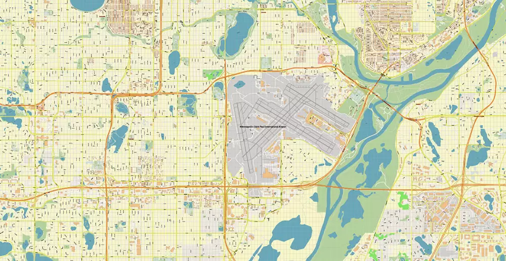 Minneapolis + Saint Paul Minnesota US PDF Vector Map: Accurate High Detailed City Plan editable Adobe PDF Street Map in layers