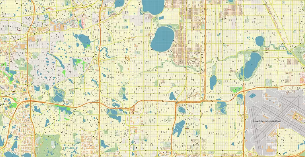 Minneapolis + Saint Paul Minnesota US PDF Vector Map: Accurate High Detailed City Plan editable Adobe PDF Street Map in layers