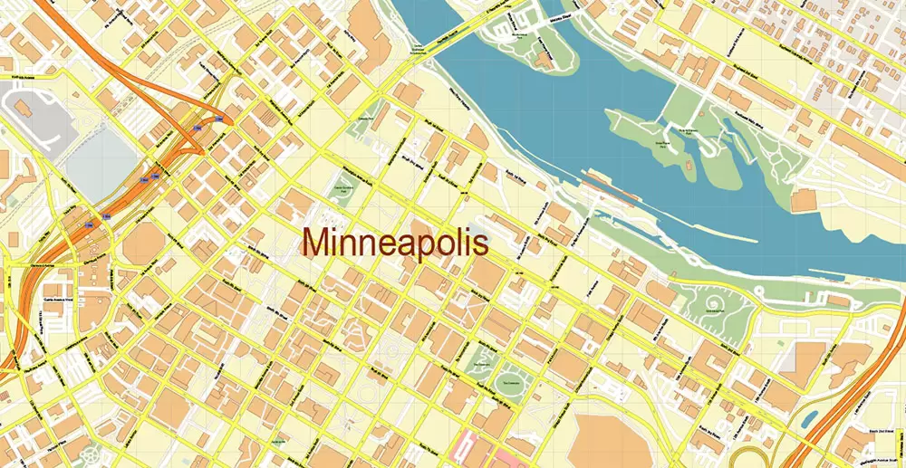 Minneapolis + Saint Paul Minnesota US PDF Vector Map: Accurate High Detailed City Plan editable Adobe PDF Street Map in layers
