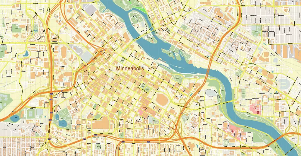 Minneapolis + Saint Paul Minnesota US PDF Vector Map: Accurate High Detailed City Plan editable Adobe PDF Street Map in layers