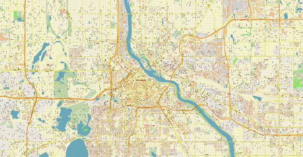 Minneapolis + Saint Paul Minnesota US PDF Vector Map: Accurate High Detailed City Plan editable Adobe PDF Street Map in layers