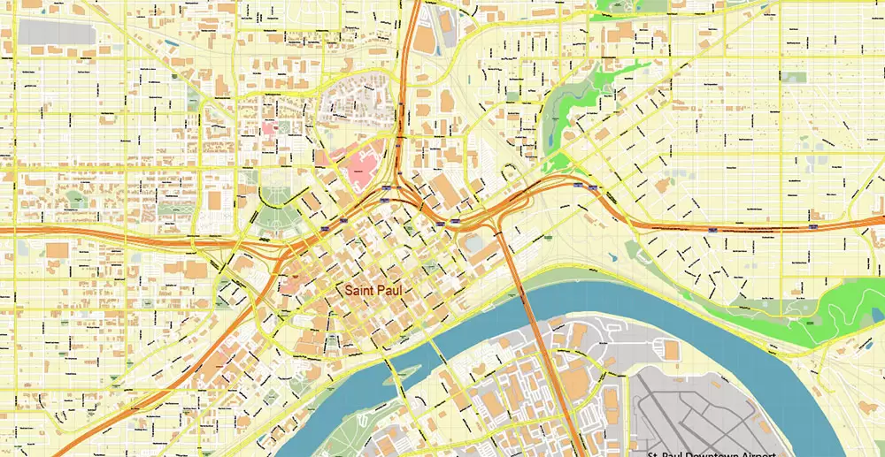 Minneapolis + Saint Paul Minnesota US PDF Vector Map: Accurate High Detailed City Plan editable Adobe PDF Street Map in layers
