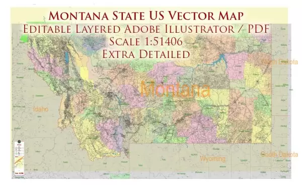 Montana Full State US Vector Map: Full Extra High Detailed (all roads, zipcodes, airports) + Admin Areas editable Adobe Illustrator in layers