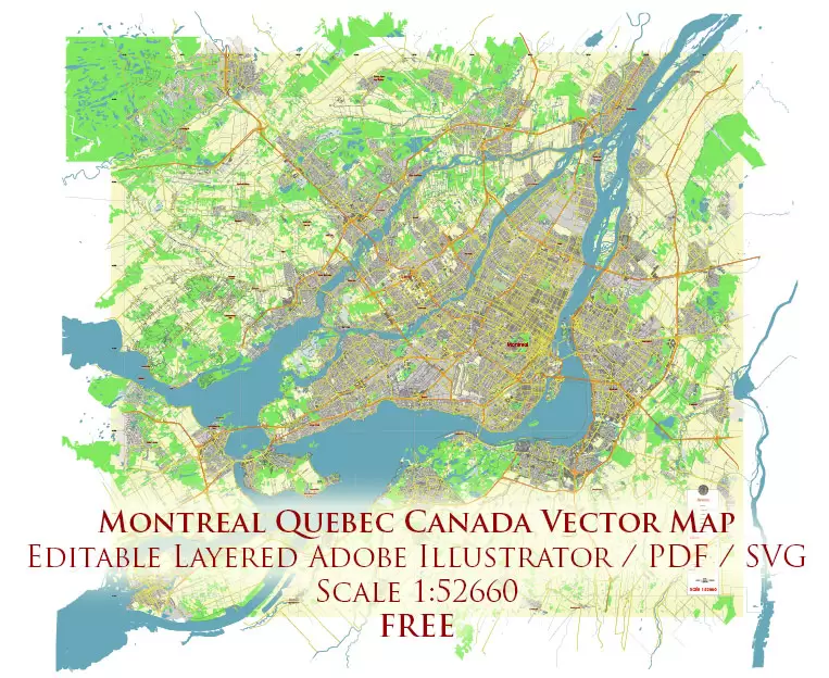 Montreal Quebec Canada Vector Map Free Editable Layered Adobe Illustrator + PDF + SVG