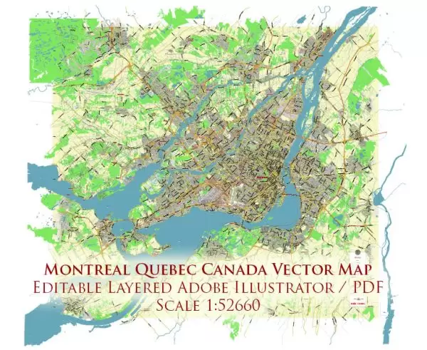 Montreal Quebec Canada Map Vector City Plan Low Detailed (for small print size) Street Map editable Adobe Illustrator in layers