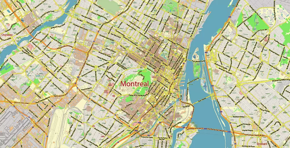 Montreal Quebec Canada PDF Vector Map: City Plan Low Detailed (for small print size) Street Map editable Adobe PDF in layers