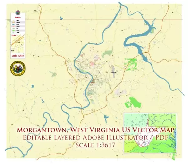 Morgantown West Virginia US Map Vector Accurate High Detailed City Plan editable Adobe Illustrator Street Map in layers