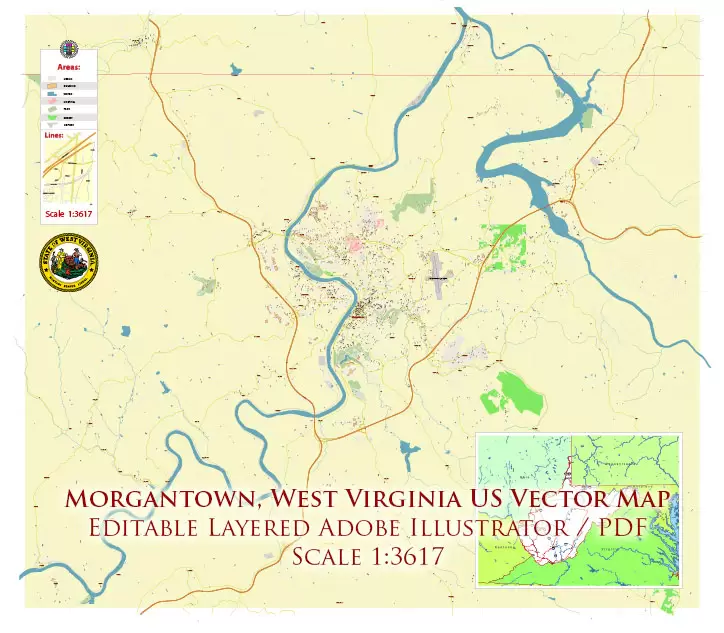 Morgantown West Virginia US PDF Vector Map: Accurate High Detailed City Plan editable Adobe PDF Street Map in layers