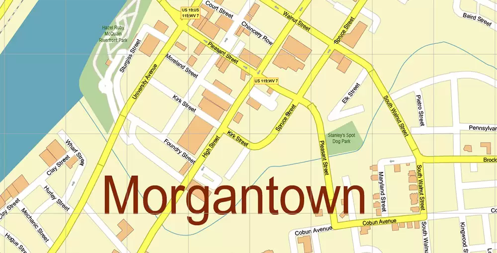 Morgantown West Virginia US PDF Vector Map: Accurate High Detailed City Plan editable Adobe PDF Street Map in layers
