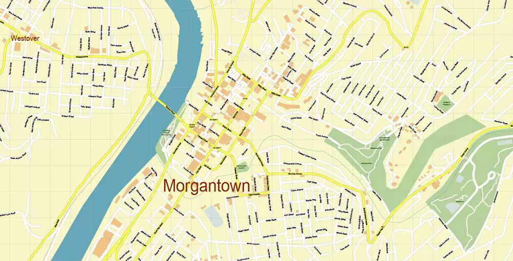 Morgantown West Virginia US PDF Vector Map: Accurate High Detailed City Plan editable Adobe PDF Street Map in layers