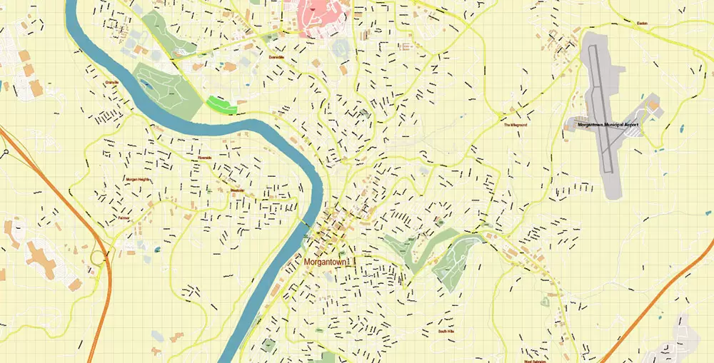 Morgantown West Virginia US PDF Vector Map: Accurate High Detailed City Plan editable Adobe PDF Street Map in layers