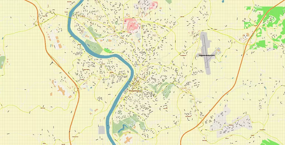Morgantown West Virginia US PDF Vector Map: Accurate High Detailed City Plan editable Adobe PDF Street Map in layers