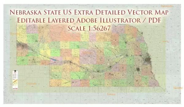 Nebraska Full State US Vector Map: Full Extra High Detailed (all roads, zipcodes, airports) + Admin Areas editable Adobe Illustrator in layers
