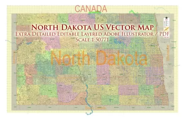 North Dakota US Map Vector Exact State Plan High Detailed Road Map + Counties + Zipcodes + Airports editable Adobe Illustrator in layers