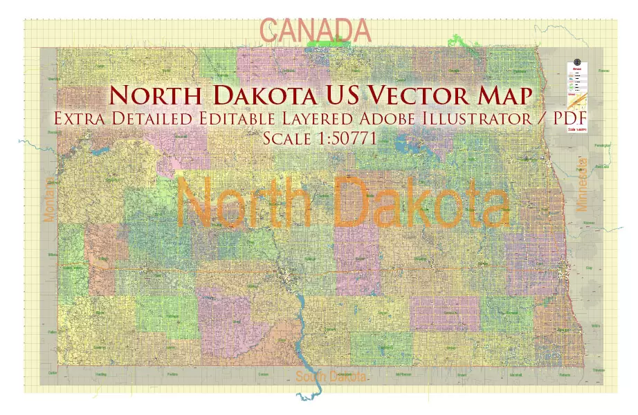 North Dakota US PDF Vector Map: Exact State Plan High Detailed Road Map + Counties + Zipcodes + Airports editable Adobe PDF in layers