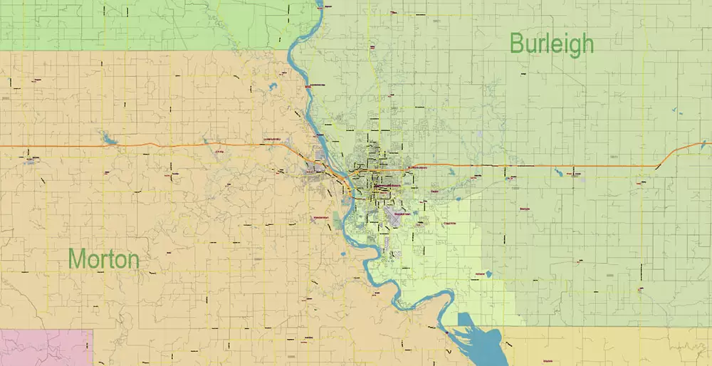 North Dakota US PDF Vector Map: Exact State Plan High Detailed Road Map + Counties + Zipcodes + Airports editable Adobe PDF in layers