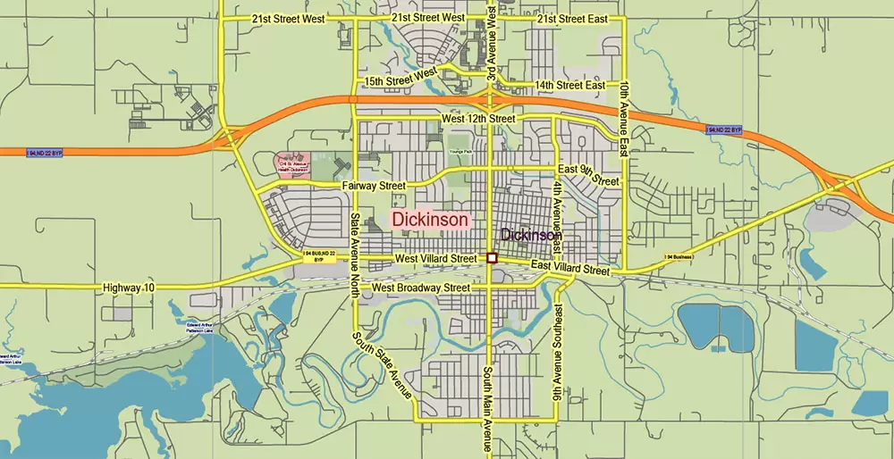 North Dakota US PDF Vector Map: Exact State Plan High Detailed Road Map + Counties + Zipcodes + Airports editable Adobe PDF in layers