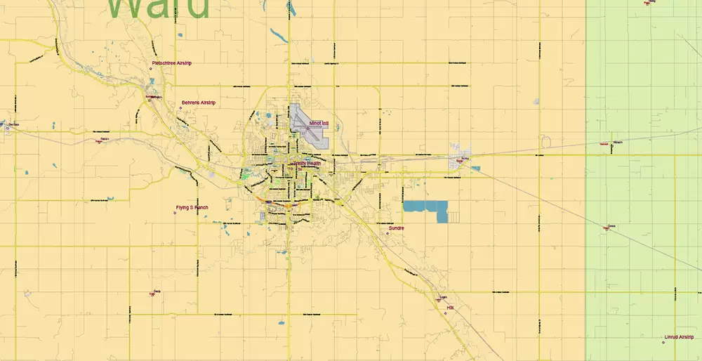 North Dakota US PDF Vector Map: Exact State Plan High Detailed Road Map + Counties + Zipcodes + Airports editable Adobe PDF in layers