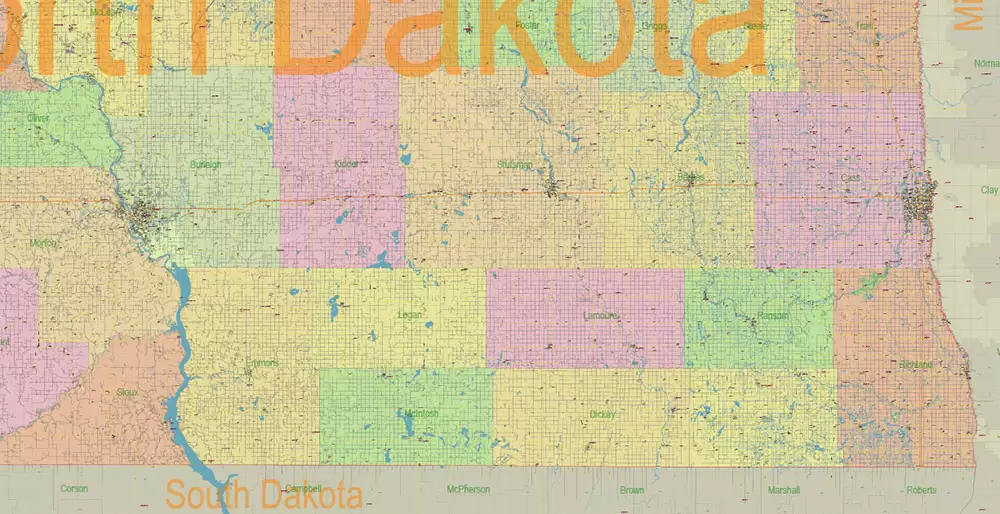 North Dakota US PDF Vector Map: Exact State Plan High Detailed Road Map + Counties + Zipcodes + Airports editable Adobe PDF in layers