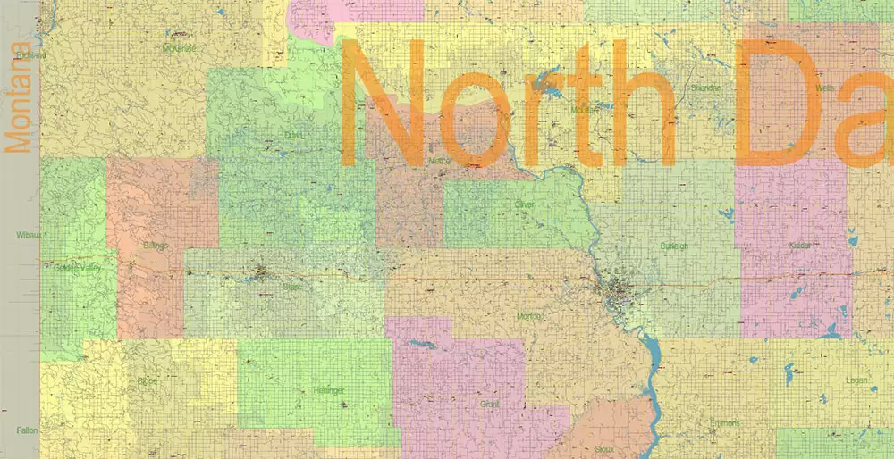 North Dakota US PDF Vector Map: Exact State Plan High Detailed Road Map + Counties + Zipcodes + Airports editable Adobe PDF in layers