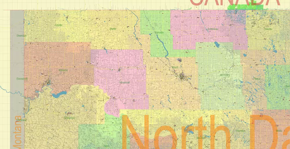 North Dakota US PDF Vector Map: Exact State Plan High Detailed Road Map + Counties + Zipcodes + Airports editable Adobe PDF in layers