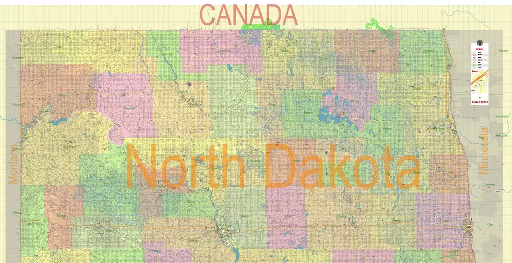 North Dakota US PDF Vector Map: Exact State Plan High Detailed Road Map + Counties + Zipcodes + Airports editable Adobe PDF in layers