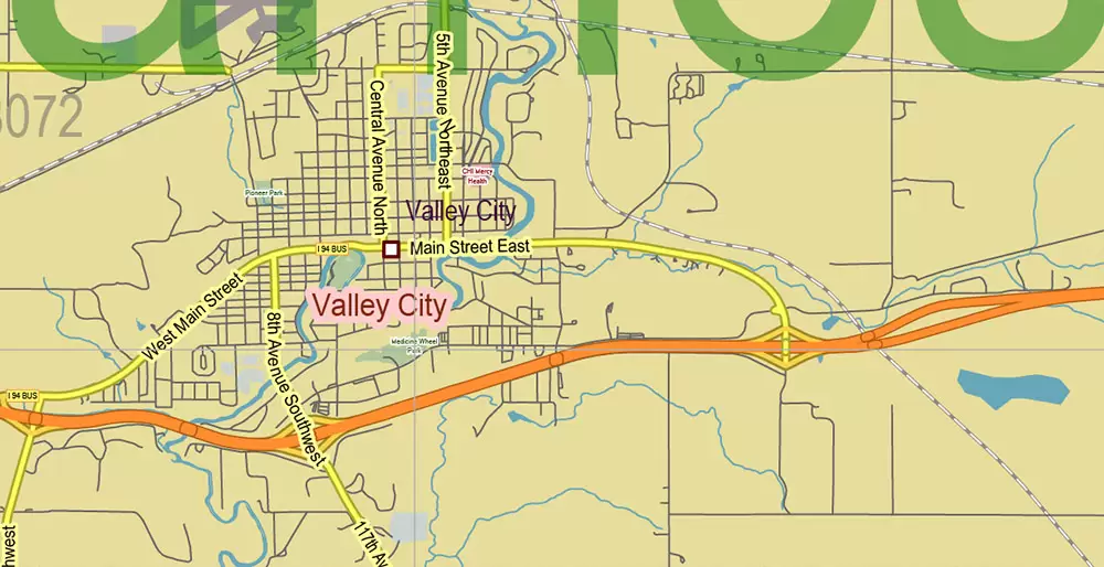 North Dakota US PDF Vector Map: Exact State Plan High Detailed Road Map + Counties + Zipcodes + Airports editable Adobe PDF in layers