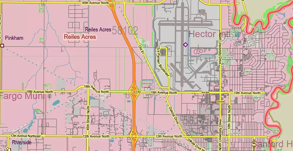 North Dakota US PDF Vector Map: Exact State Plan High Detailed Road Map + Counties + Zipcodes + Airports editable Adobe PDF in layers