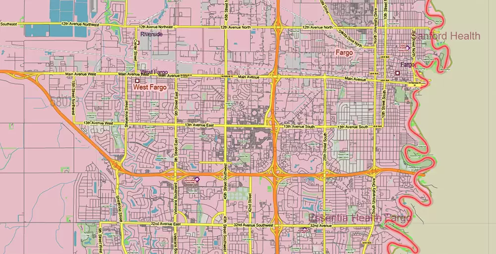 North Dakota US PDF Vector Map: Exact State Plan High Detailed Road Map + Counties + Zipcodes + Airports editable Adobe PDF in layers