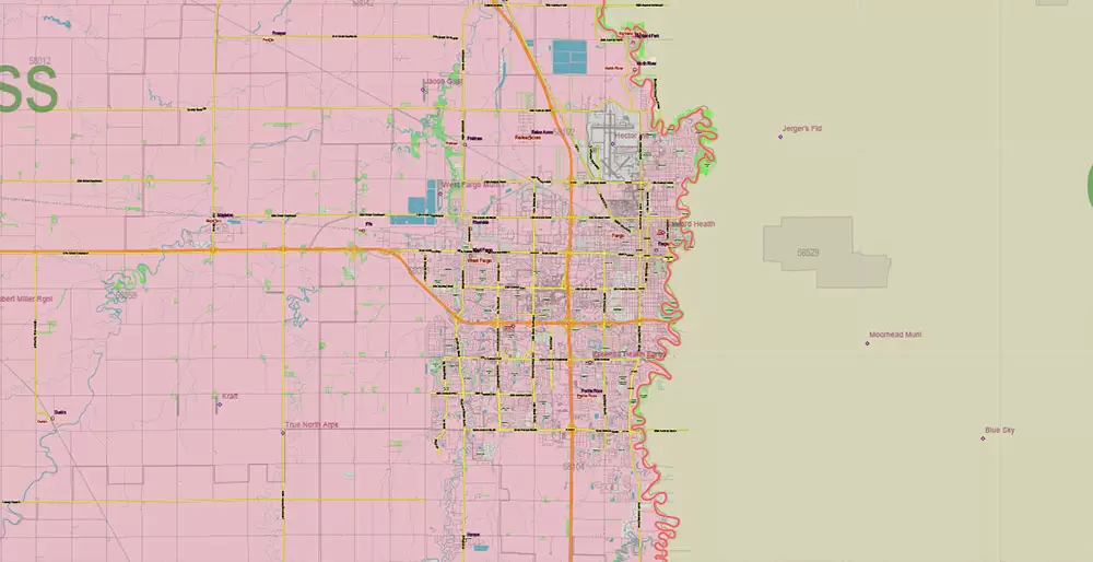 North Dakota US PDF Vector Map: Exact State Plan High Detailed Road Map + Counties + Zipcodes + Airports editable Adobe PDF in layers